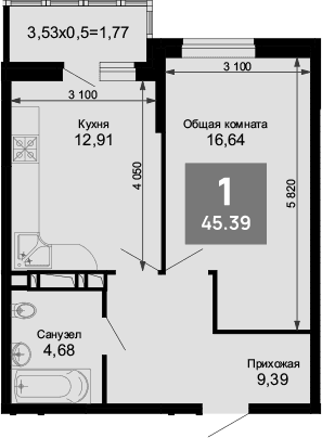 Продается 1-комн. квартира, 43.62 м²