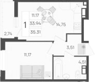 Продается 1-комн. квартира, 33.94 м²