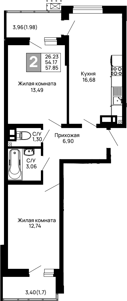 Продается 2-комн. квартира, 54.17 м²