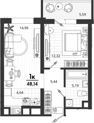 Продается 1-комн. квартира, 42.55 м²