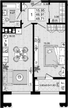 Продается 1-комн. квартира, 46.91 м²