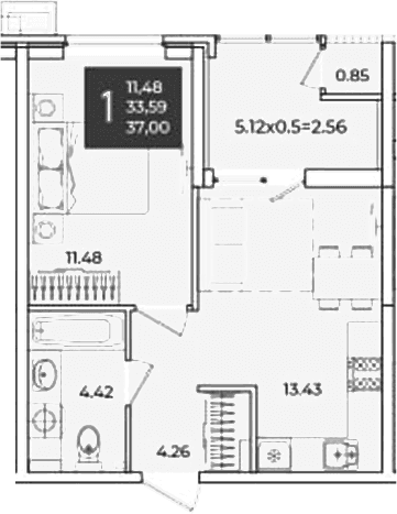 Продается 1-комн. квартира, 33.59 м²