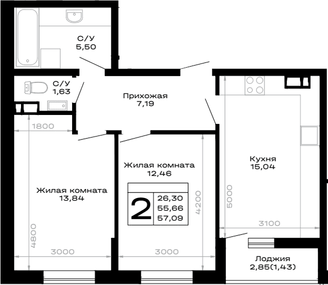 Продается 2-комн. квартира, 55.66 м²