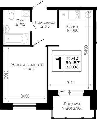 Продается 1-комн. квартира, 34.87 м²
