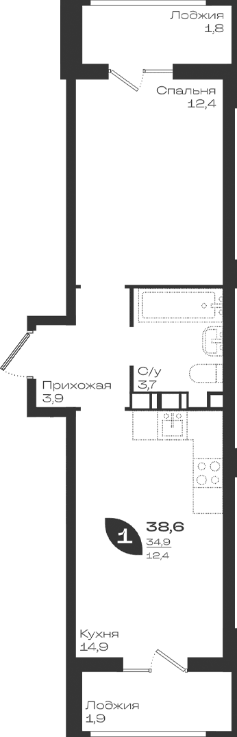 Продается 1-комн. квартира, 34.9 м²