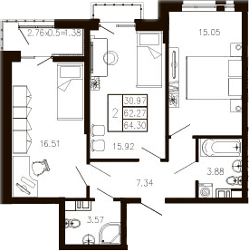 Продается 2-комн. квартира, 62.92 м²