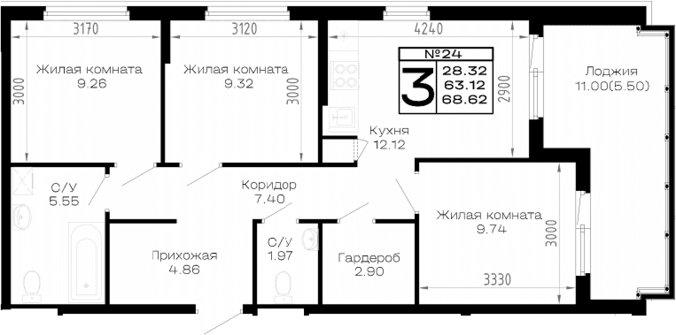 Продается 3-комн. квартира, 63.12 м²