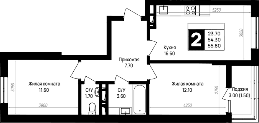 Продается 2-комн. квартира, 54.3 м²