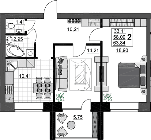 Продается 2-комн. квартира, 58.09 м²