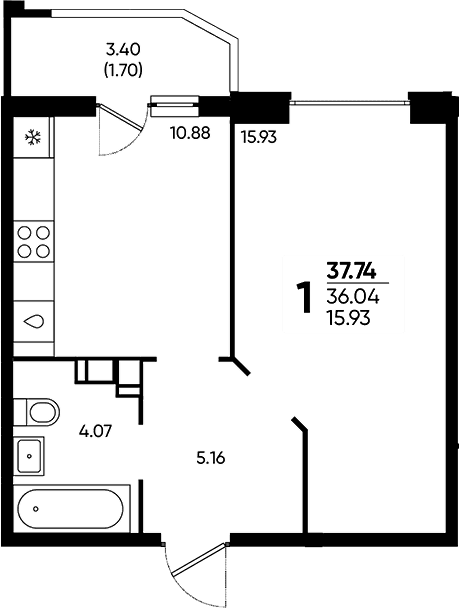 Продается 1-комн. квартира, 36.04 м²