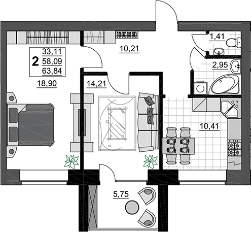 Продается 2-комн. квартира, 58.09 м²