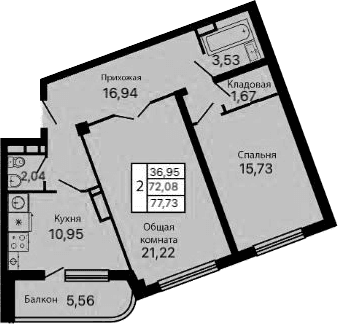 Продается 2-комн. квартира, 72.17 м²