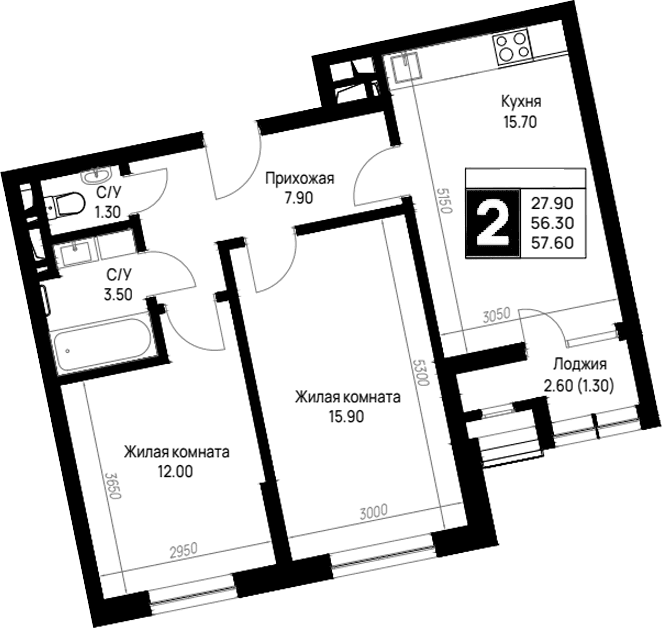 Продается 2-комн. квартира, 56.3 м²