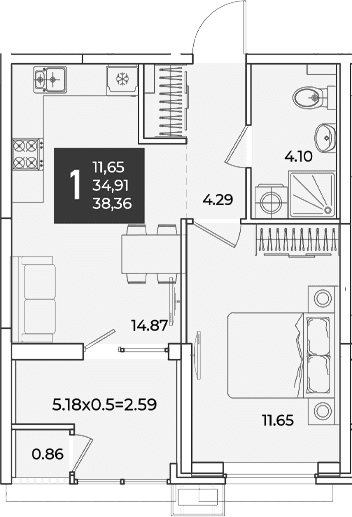 Продается 1-комн. квартира, 34.91 м²