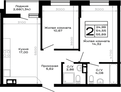 Продается 2-комн. квартира, 54.55 м²