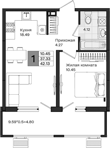 Продается 1-комн. квартира, 37.33 м²