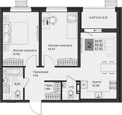 Продается 2-комн. квартира, 55.32 м²