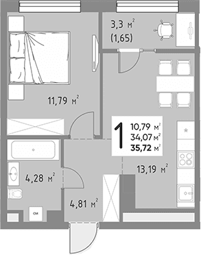 Продается 1-комн. квартира, 34.07 м²