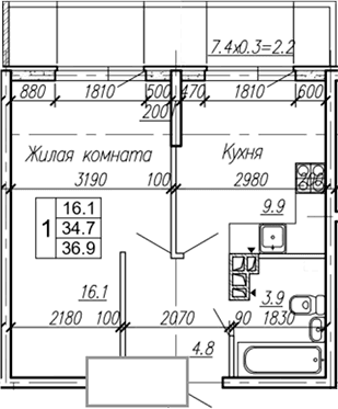 Продается 1-комн. квартира, 34.7 м²