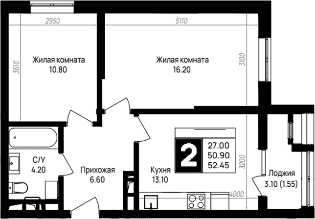 Продается 2-комн. квартира, 50.9 м²