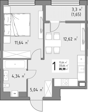 Продается 1-комн. квартира, 33.64 м²