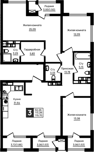 Продается 3-комн. квартира, 113.28 м²