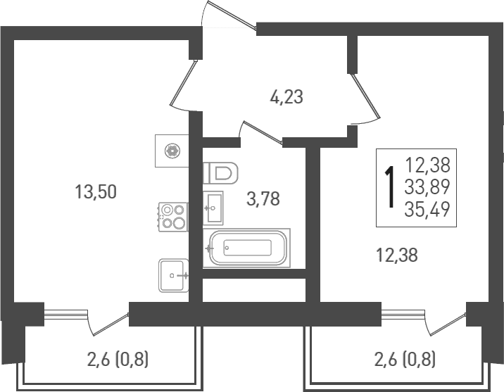 Продается 1-комн. квартира, 33.89 м²