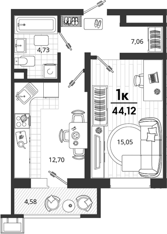 Продается 1-комн. квартира, 39.54 м²