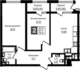Продается 2-комн. квартира, 66.71 м²