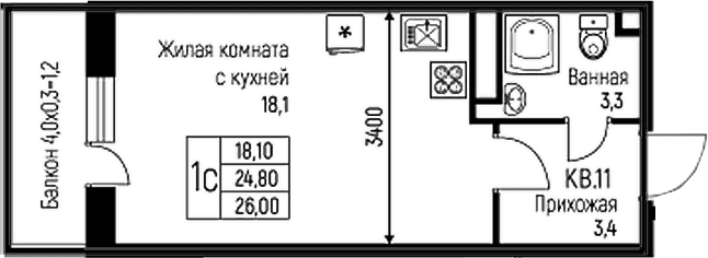 Продается 1-комн. квартира, 24.8 м²