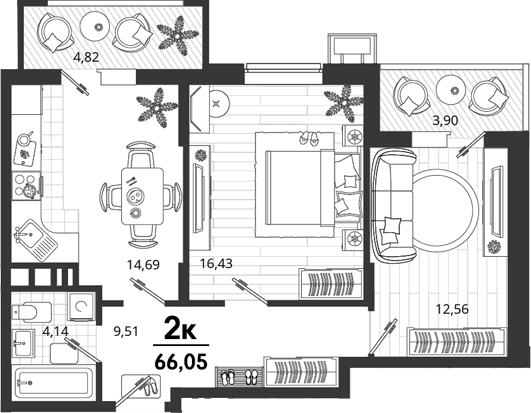Продается 2-комн. квартира, 57.33 м²