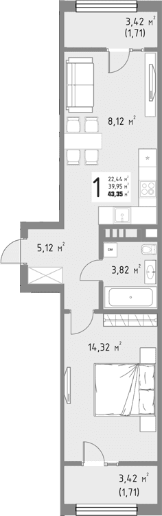 Продается 1-комн. квартира, 39.93 м²