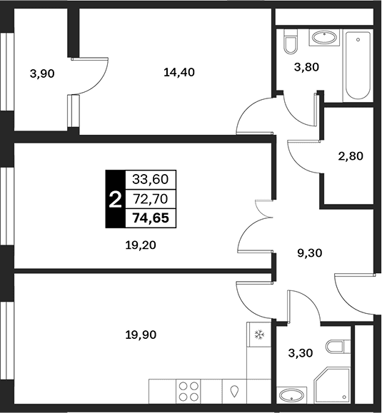Продается 2-комн. квартира, 72.7 м²