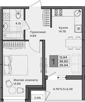 Продается 1-комн. квартира, 36.6 м²