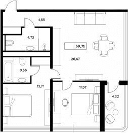 Продается 2-комн. квартира, 64.89 м²