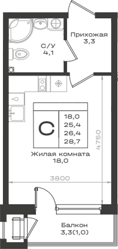 Продается 1-комн. квартира, 25.4 м²