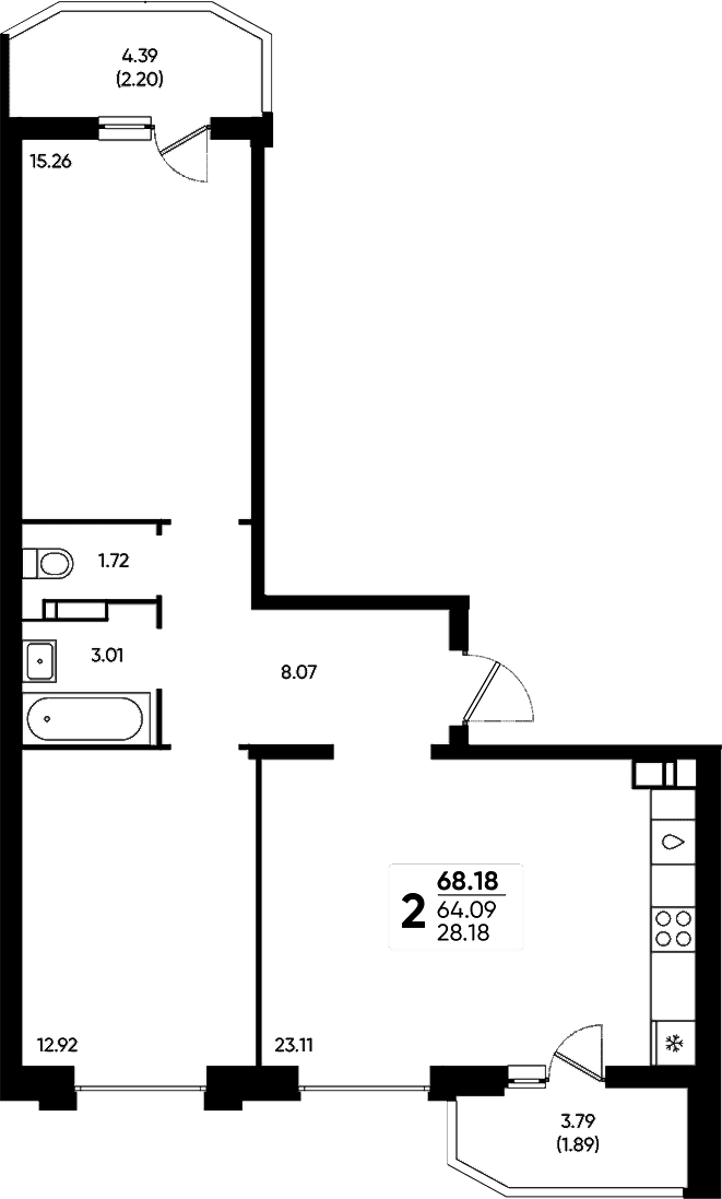 Продается 2-комн. квартира, 64.09 м²