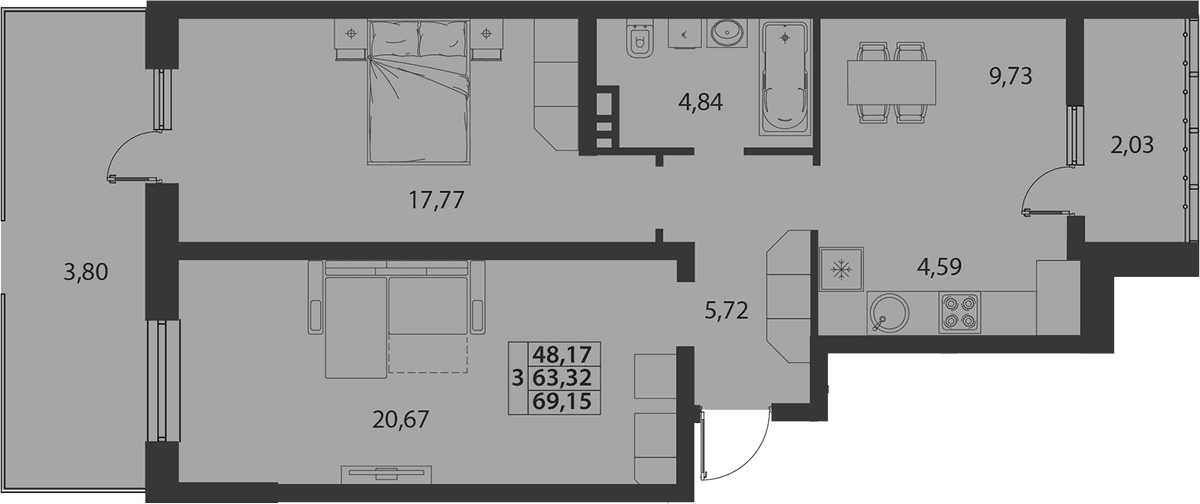 Продается 2-комн. квартира, 63.32 м²