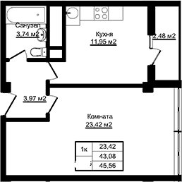 Продается 1-комн. квартира, 43.08 м²