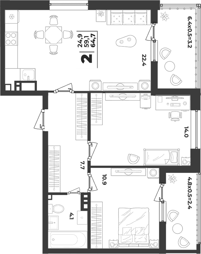 Продается 2-комн. квартира, 59.1 м²