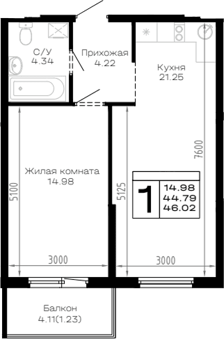 Продается 1-комн. квартира, 44.79 м²