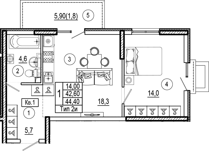 Продается 1-комн. квартира, 42.6 м²