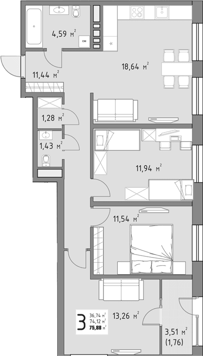 Продается 3-комн. квартира, 74.12 м²