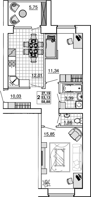 Продается 2-комн. квартира, 53.13 м²