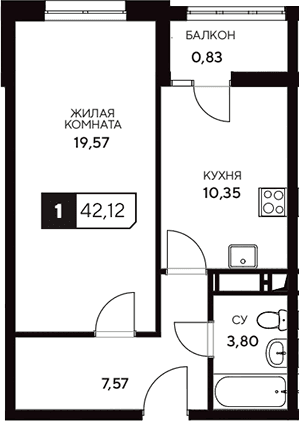 Продается 1-комн. квартира, 41.29 м²