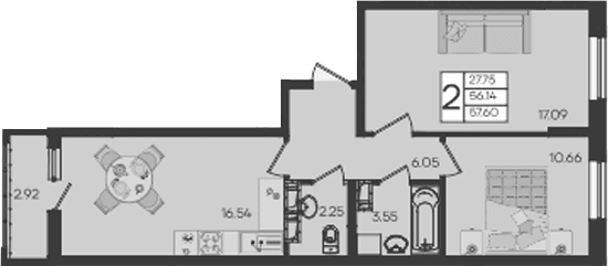 Продается 2-комн. квартира, 56.14 м²