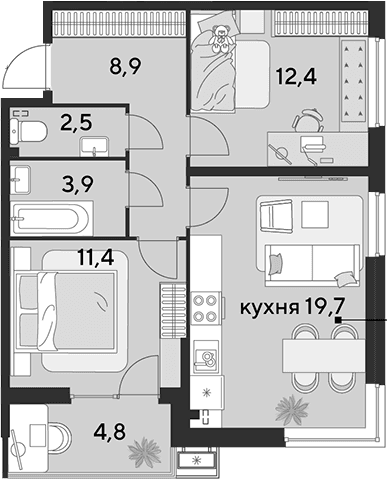 Продается 3-комн. квартира, 58.8 м²
