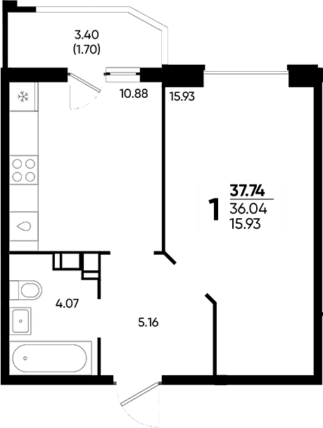 Продается 1-комн. квартира, 36.04 м²