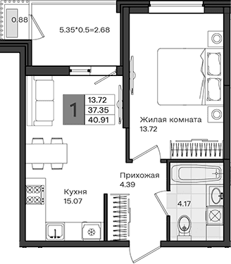 Продается 1-комн. квартира, 37.35 м²
