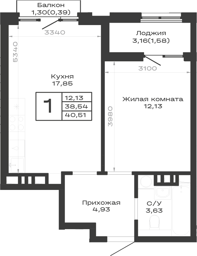 Продается 1-комн. квартира, 38.54 м²